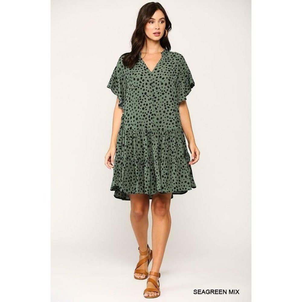 GiGio Sea Green Leopard Print Button Front Tiered Mini Dress